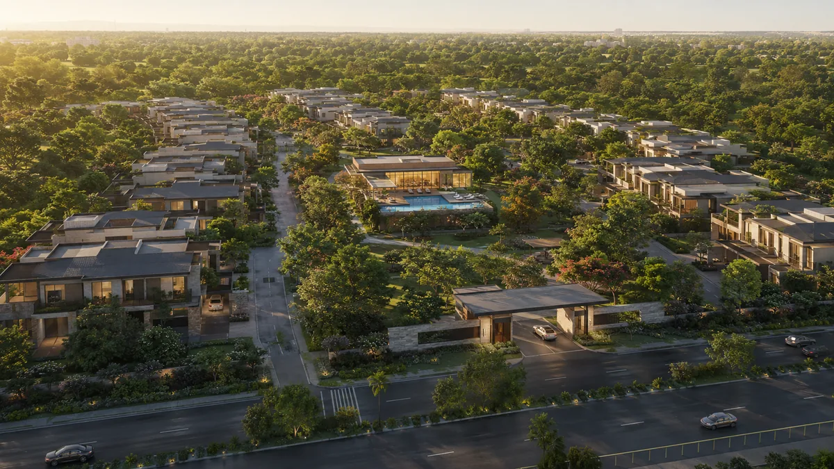 Godrej Soukya Road three-quarter aerial view of the 20-acre row villa community at golden hour