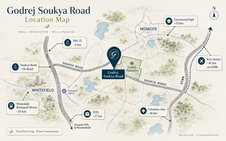 Godrej Soukya Road location map showing Soukya Road and Whitefield landmarks Godrej Soukya Road location map showing Soukya Road and Whitefield landmarks